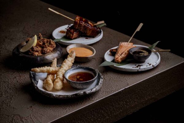 Bar Snacks - buttermilk fried chicken, salmon and pork belly skewers, prawn tempura